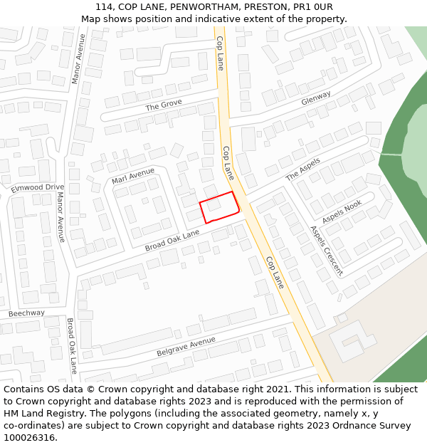 114, COP LANE, PENWORTHAM, PRESTON, PR1 0UR: Location map and indicative extent of plot