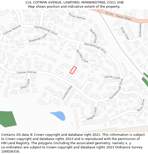 114, COTMAN AVENUE, LAWFORD, MANNINGTREE, CO11 2HB: Location map and indicative extent of plot