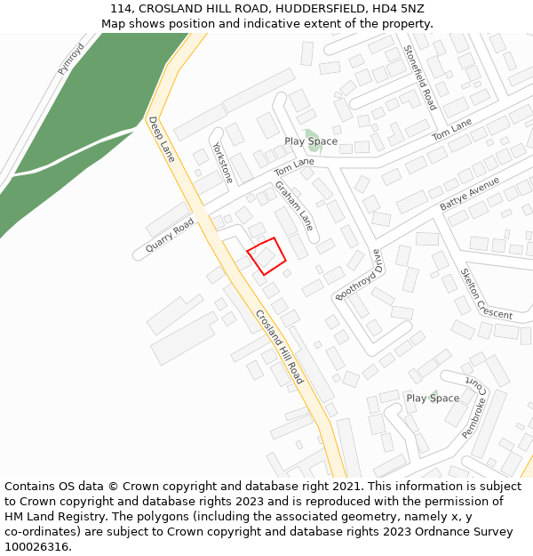 114, CROSLAND HILL ROAD, HUDDERSFIELD, HD4 5NZ: Location map and indicative extent of plot