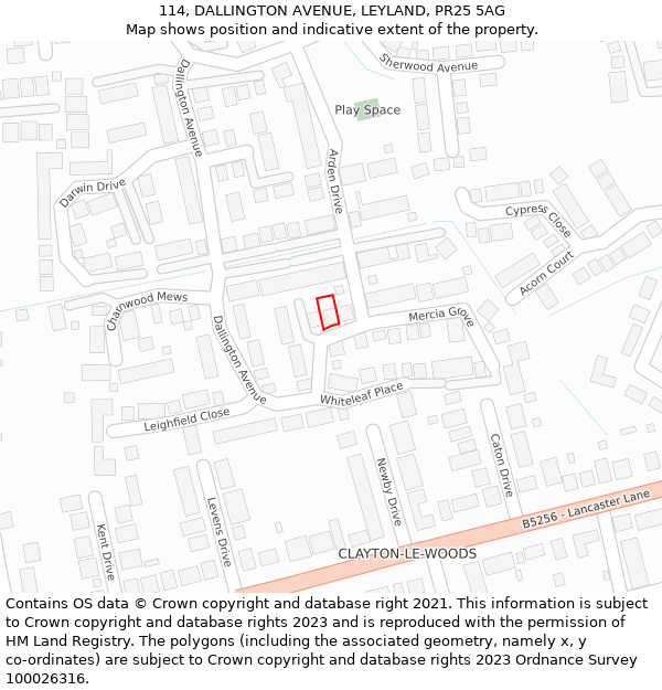 114, DALLINGTON AVENUE, LEYLAND, PR25 5AG: Location map and indicative extent of plot