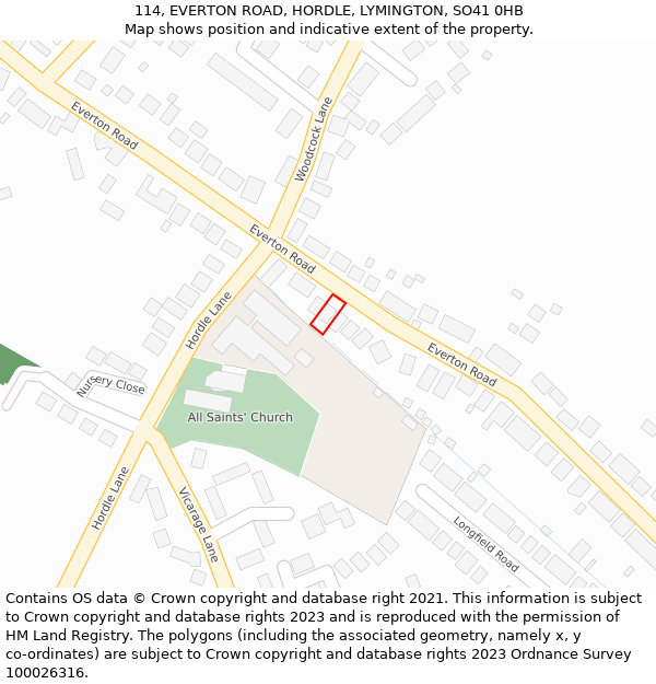 114, EVERTON ROAD, HORDLE, LYMINGTON, SO41 0HB: Location map and indicative extent of plot