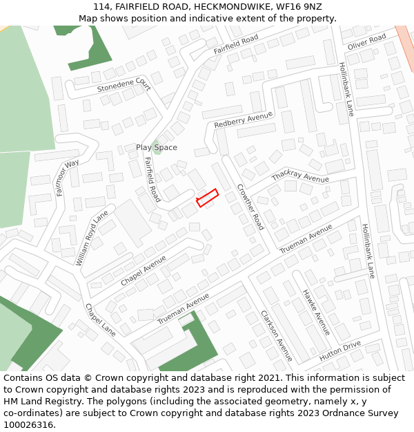 114, FAIRFIELD ROAD, HECKMONDWIKE, WF16 9NZ: Location map and indicative extent of plot