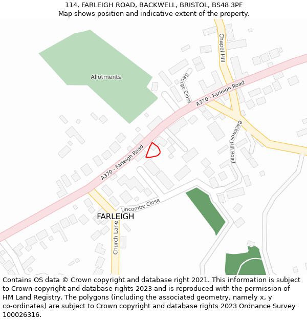 114, FARLEIGH ROAD, BACKWELL, BRISTOL, BS48 3PF: Location map and indicative extent of plot