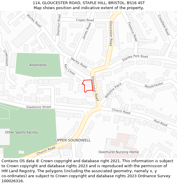 114, GLOUCESTER ROAD, STAPLE HILL, BRISTOL, BS16 4ST: Location map and indicative extent of plot