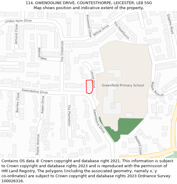 114, GWENDOLINE DRIVE, COUNTESTHORPE, LEICESTER, LE8 5SG: Location map and indicative extent of plot