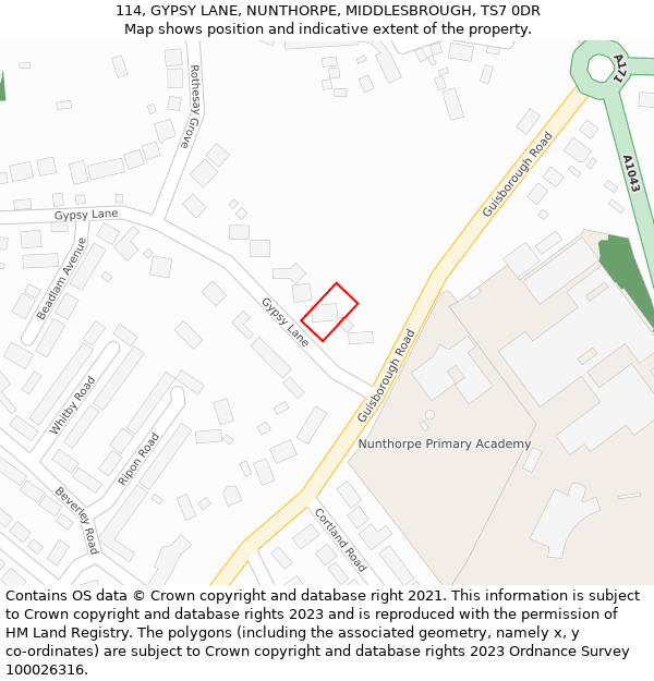 114, GYPSY LANE, NUNTHORPE, MIDDLESBROUGH, TS7 0DR: Location map and indicative extent of plot