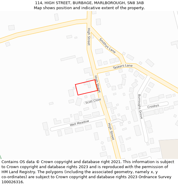 114, HIGH STREET, BURBAGE, MARLBOROUGH, SN8 3AB: Location map and indicative extent of plot