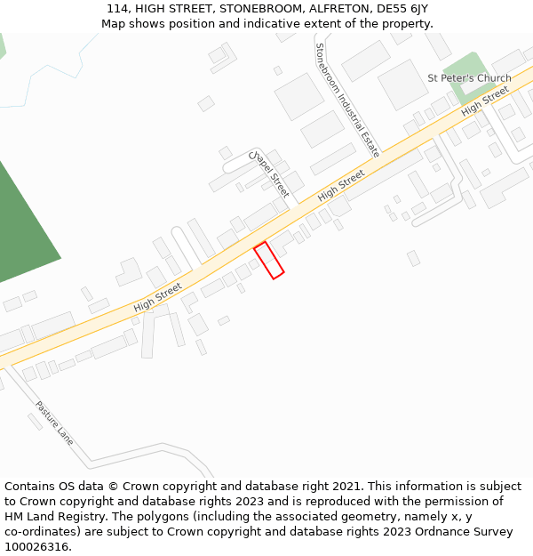 114, HIGH STREET, STONEBROOM, ALFRETON, DE55 6JY: Location map and indicative extent of plot