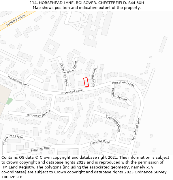 114, HORSEHEAD LANE, BOLSOVER, CHESTERFIELD, S44 6XH: Location map and indicative extent of plot