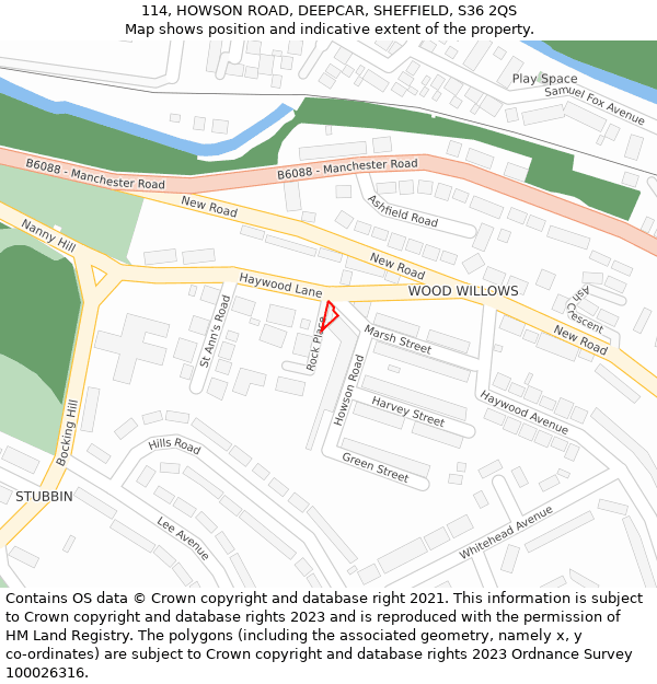 114, HOWSON ROAD, DEEPCAR, SHEFFIELD, S36 2QS: Location map and indicative extent of plot
