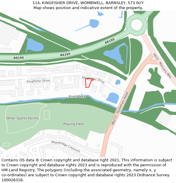 114, KINGFISHER DRIVE, WOMBWELL, BARNSLEY, S73 0UY: Location map and indicative extent of plot