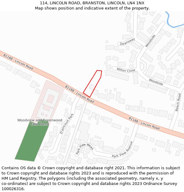 114, LINCOLN ROAD, BRANSTON, LINCOLN, LN4 1NX: Location map and indicative extent of plot