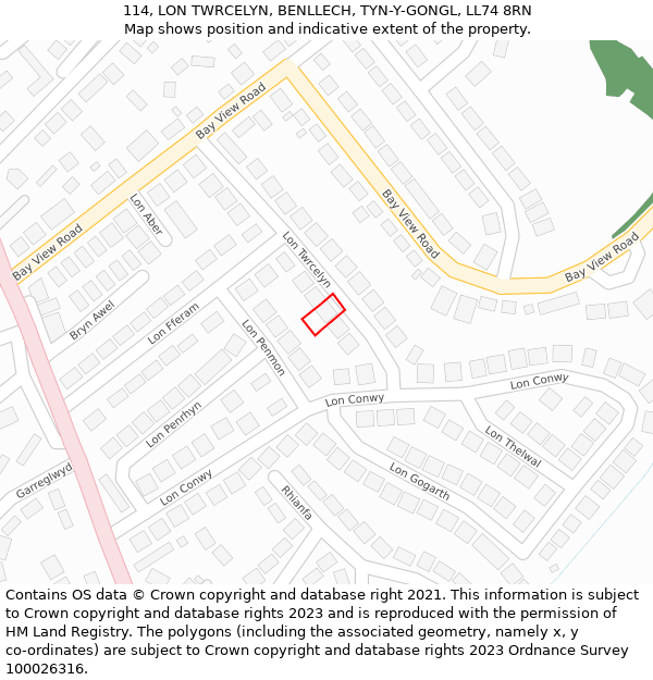 114, LON TWRCELYN, BENLLECH, TYN-Y-GONGL, LL74 8RN: Location map and indicative extent of plot