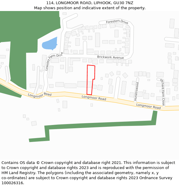 114, LONGMOOR ROAD, LIPHOOK, GU30 7NZ: Location map and indicative extent of plot