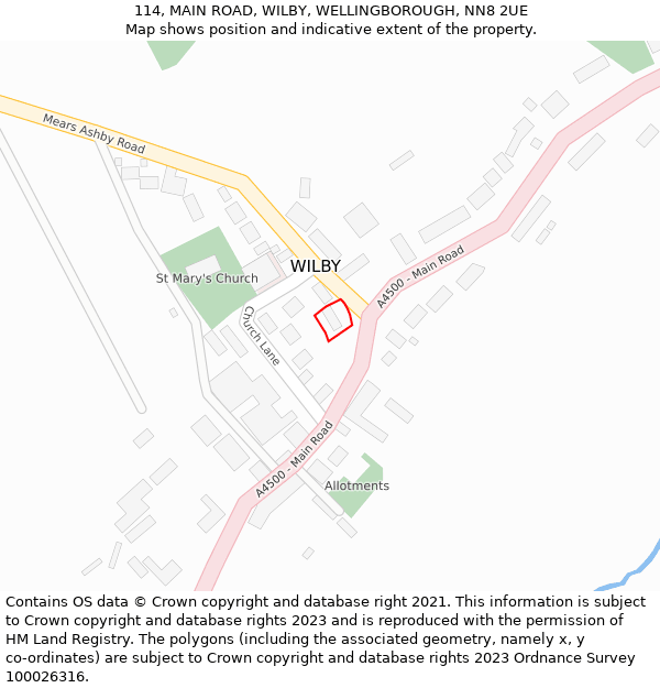 114, MAIN ROAD, WILBY, WELLINGBOROUGH, NN8 2UE: Location map and indicative extent of plot