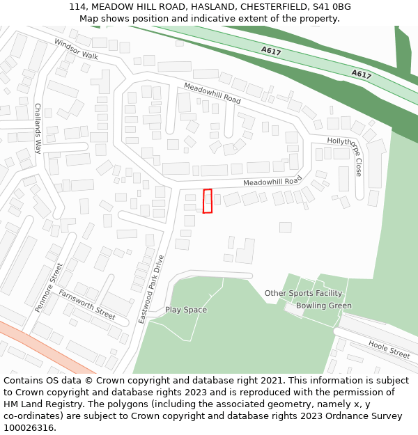 114, MEADOW HILL ROAD, HASLAND, CHESTERFIELD, S41 0BG: Location map and indicative extent of plot