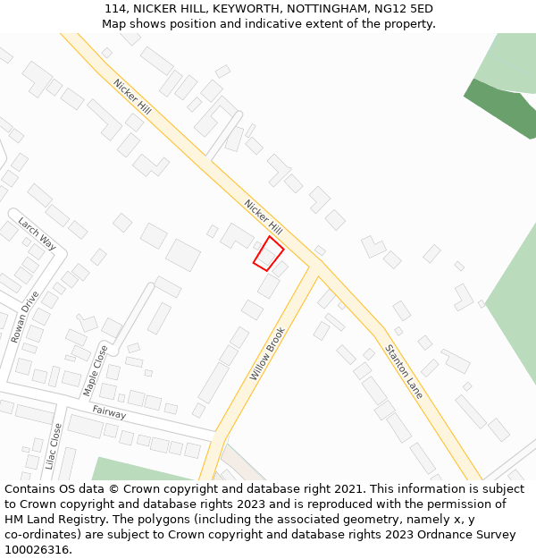 114, NICKER HILL, KEYWORTH, NOTTINGHAM, NG12 5ED: Location map and indicative extent of plot