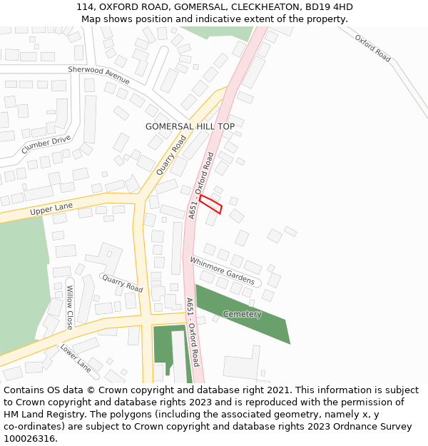 114, OXFORD ROAD, GOMERSAL, CLECKHEATON, BD19 4HD: Location map and indicative extent of plot