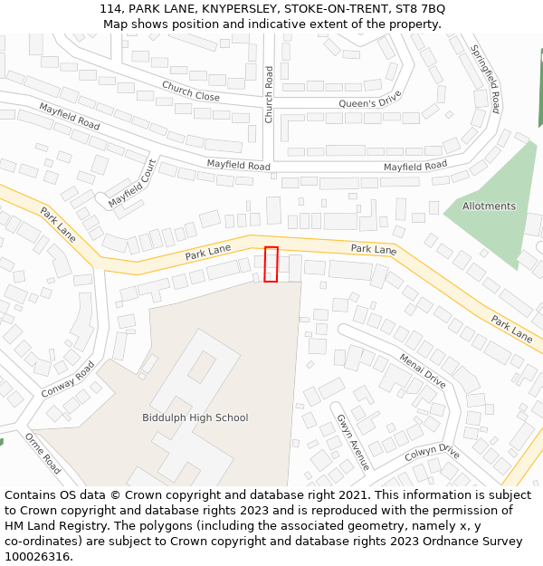 114, PARK LANE, KNYPERSLEY, STOKE-ON-TRENT, ST8 7BQ: Location map and indicative extent of plot