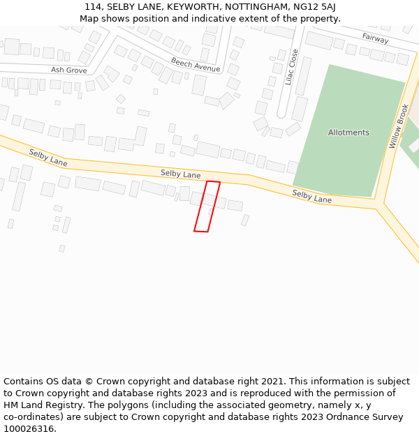 114, SELBY LANE, KEYWORTH, NOTTINGHAM, NG12 5AJ: Location map and indicative extent of plot