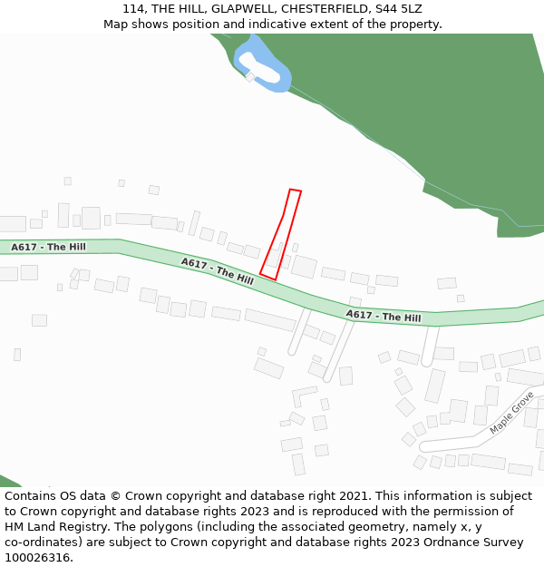 114, THE HILL, GLAPWELL, CHESTERFIELD, S44 5LZ: Location map and indicative extent of plot