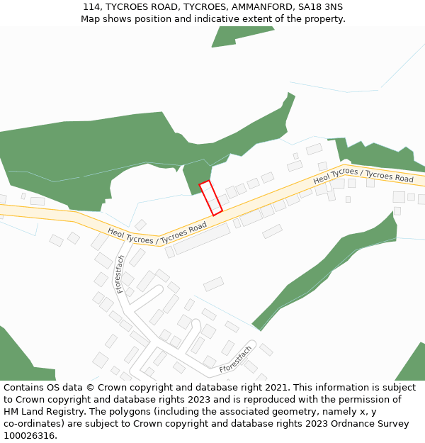 114, TYCROES ROAD, TYCROES, AMMANFORD, SA18 3NS: Location map and indicative extent of plot