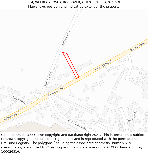 114, WELBECK ROAD, BOLSOVER, CHESTERFIELD, S44 6DH: Location map and indicative extent of plot