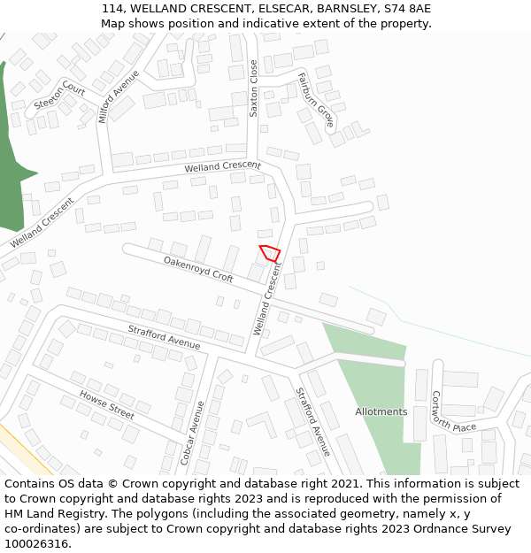 114, WELLAND CRESCENT, ELSECAR, BARNSLEY, S74 8AE: Location map and indicative extent of plot