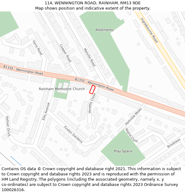 114, WENNINGTON ROAD, RAINHAM, RM13 9DE: Location map and indicative extent of plot