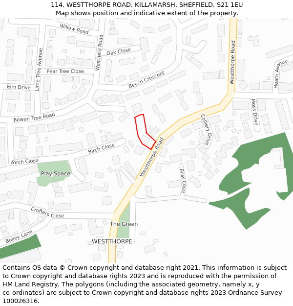 114, WESTTHORPE ROAD, KILLAMARSH, SHEFFIELD, S21 1EU: Location map and indicative extent of plot