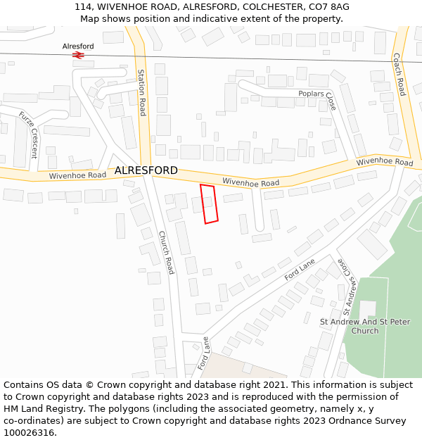 114, WIVENHOE ROAD, ALRESFORD, COLCHESTER, CO7 8AG: Location map and indicative extent of plot