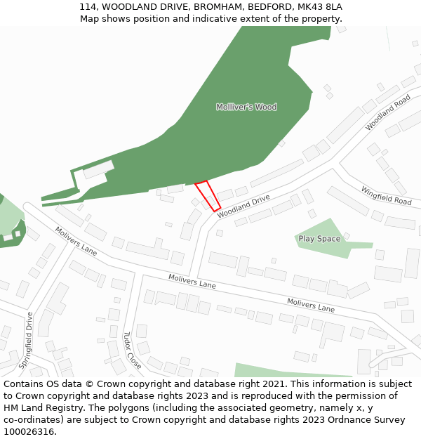 114, WOODLAND DRIVE, BROMHAM, BEDFORD, MK43 8LA: Location map and indicative extent of plot