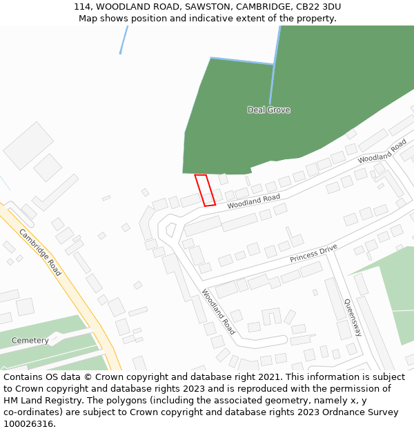 114, WOODLAND ROAD, SAWSTON, CAMBRIDGE, CB22 3DU: Location map and indicative extent of plot