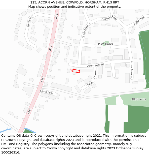 115, ACORN AVENUE, COWFOLD, HORSHAM, RH13 8RT: Location map and indicative extent of plot