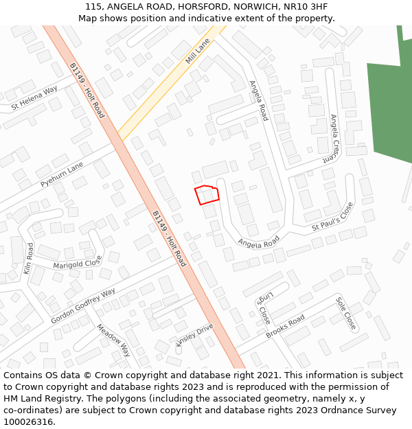 115, ANGELA ROAD, HORSFORD, NORWICH, NR10 3HF: Location map and indicative extent of plot