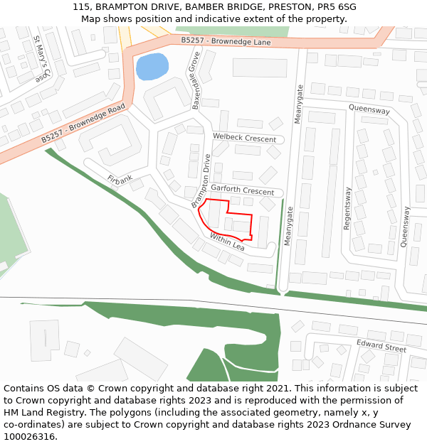 115, BRAMPTON DRIVE, BAMBER BRIDGE, PRESTON, PR5 6SG: Location map and indicative extent of plot