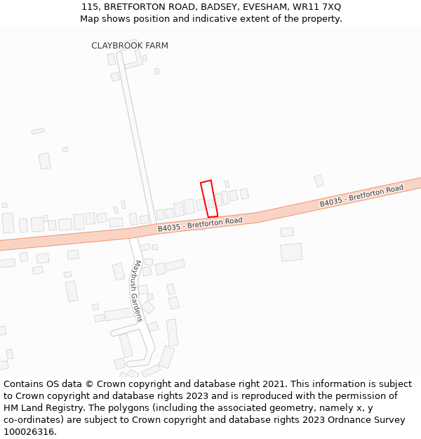 115, BRETFORTON ROAD, BADSEY, EVESHAM, WR11 7XQ: Location map and indicative extent of plot