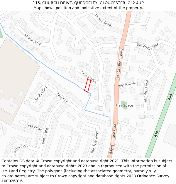 115, CHURCH DRIVE, QUEDGELEY, GLOUCESTER, GL2 4UP: Location map and indicative extent of plot