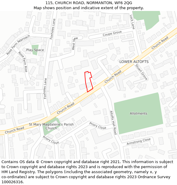 115, CHURCH ROAD, NORMANTON, WF6 2QG: Location map and indicative extent of plot