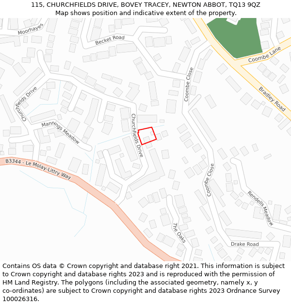 115, CHURCHFIELDS DRIVE, BOVEY TRACEY, NEWTON ABBOT, TQ13 9QZ: Location map and indicative extent of plot