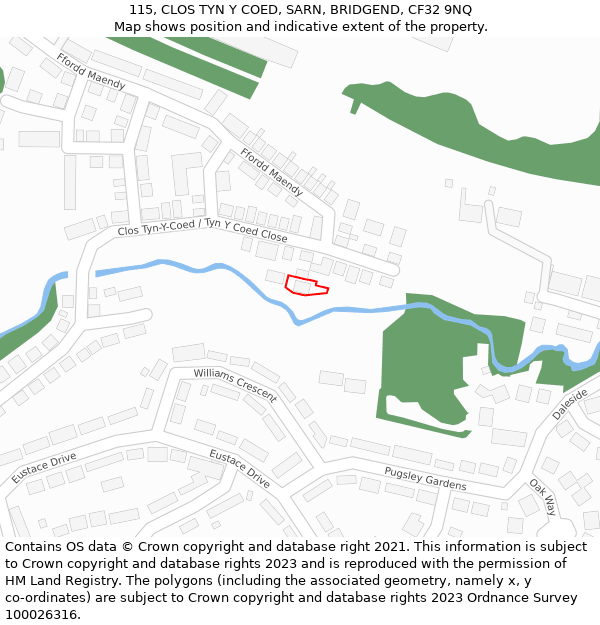 115, CLOS TYN Y COED, SARN, BRIDGEND, CF32 9NQ: Location map and indicative extent of plot