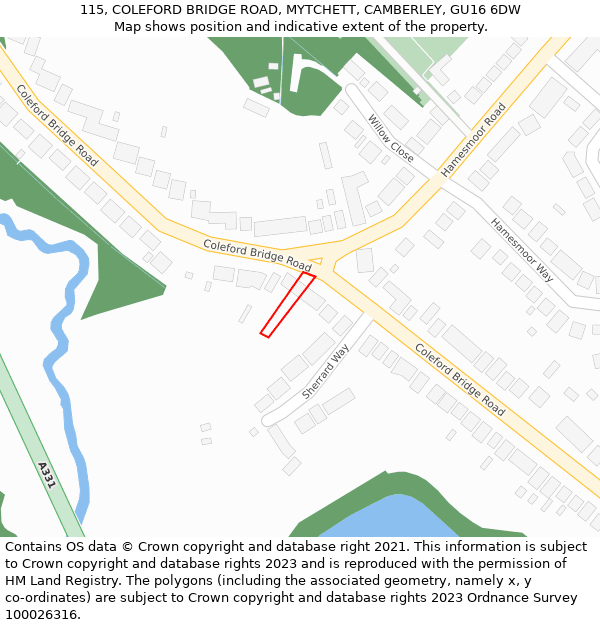 115, COLEFORD BRIDGE ROAD, MYTCHETT, CAMBERLEY, GU16 6DW: Location map and indicative extent of plot