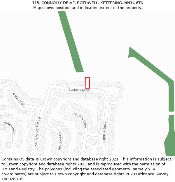 115, CONNOLLY DRIVE, ROTHWELL, KETTERING, NN14 6TN: Location map and indicative extent of plot