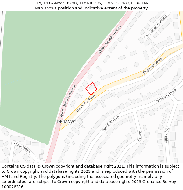 115, DEGANWY ROAD, LLANRHOS, LLANDUDNO, LL30 1NA: Location map and indicative extent of plot