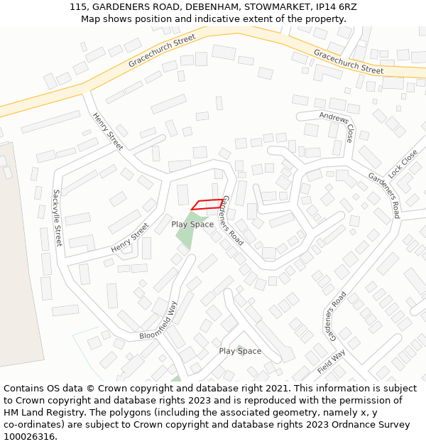 115, GARDENERS ROAD, DEBENHAM, STOWMARKET, IP14 6RZ: Location map and indicative extent of plot