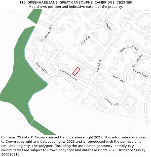 115, GREENHAZE LANE, GREAT CAMBOURNE, CAMBRIDGE, CB23 5EF: Location map and indicative extent of plot