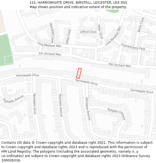 115, HARROWGATE DRIVE, BIRSTALL, LEICESTER, LE4 3GS: Location map and indicative extent of plot