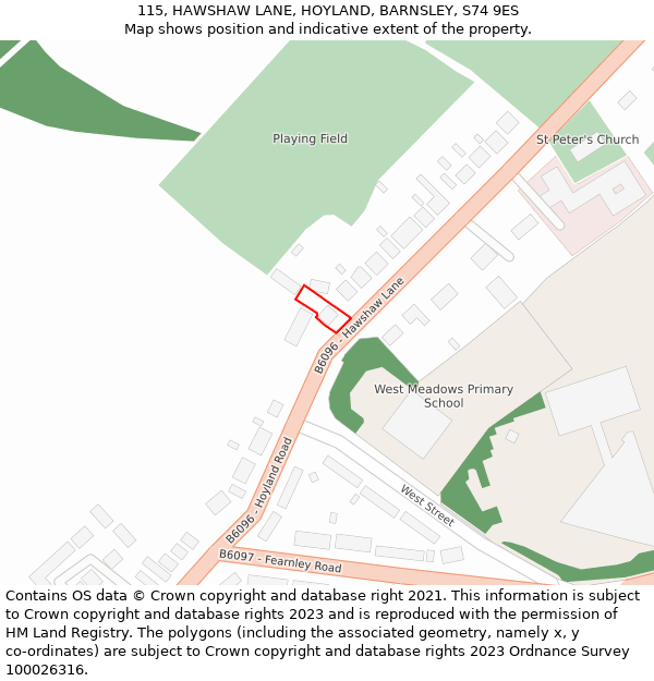 115, HAWSHAW LANE, HOYLAND, BARNSLEY, S74 9ES: Location map and indicative extent of plot