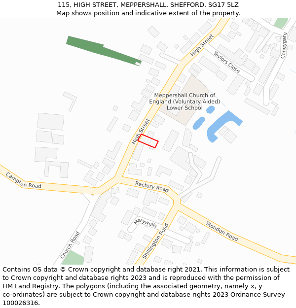 115, HIGH STREET, MEPPERSHALL, SHEFFORD, SG17 5LZ: Location map and indicative extent of plot