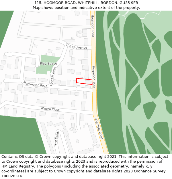 115, HOGMOOR ROAD, WHITEHILL, BORDON, GU35 9ER: Location map and indicative extent of plot